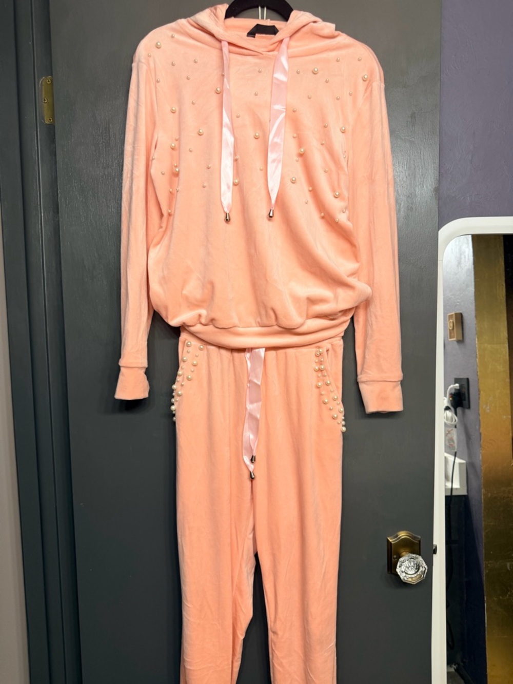 Women's Peach Pearl-Accent Track Pants & Hoodie Jogger Set